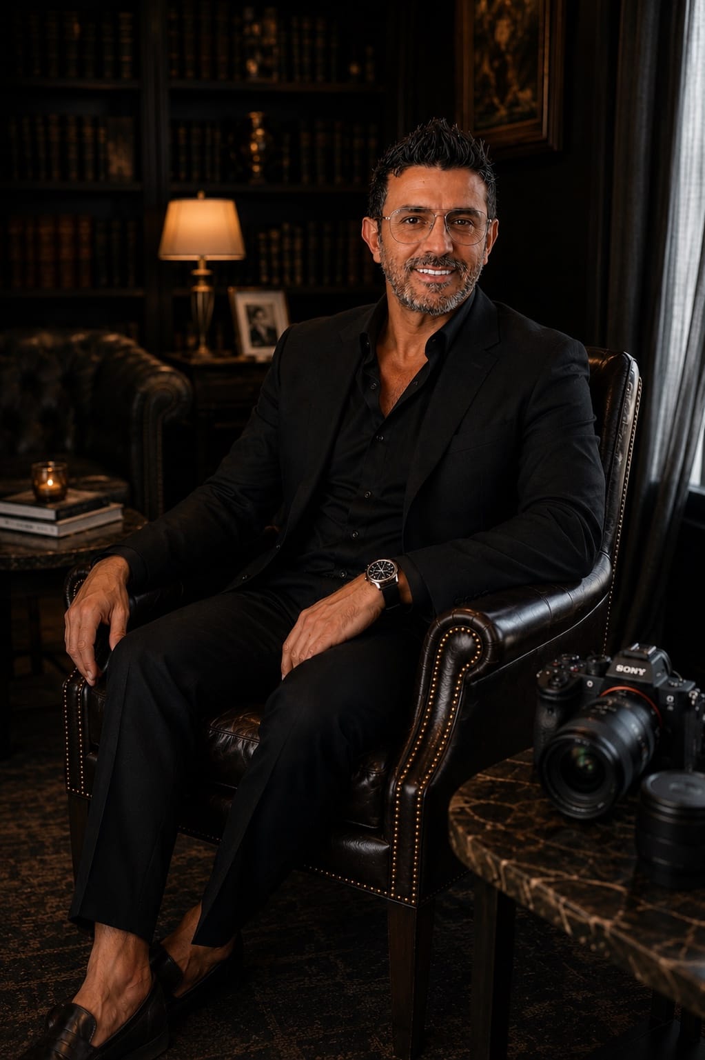 Simo Ahmadi seated in a dark library with his professional camera