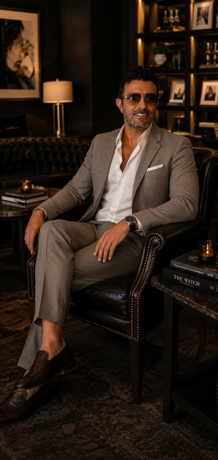 Simo Ahmadi seated in a warm, dark library wearing a light suit