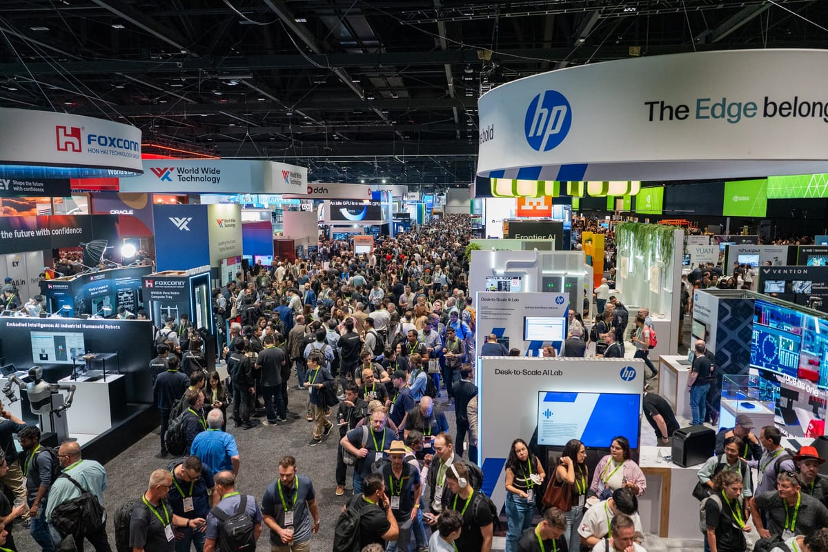 Elevated view across the crowded NVIDIA GTC exhibition floor