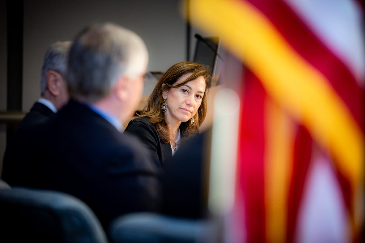 Executive conversation photographed through the soft color of an American flag